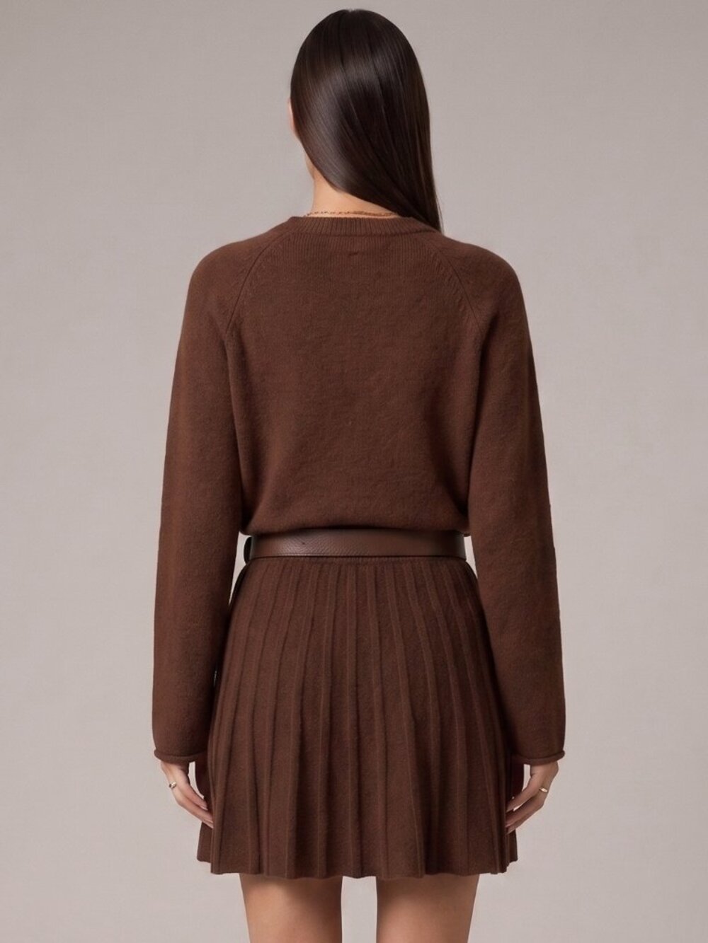 Women's Brown Raglan Sweater Pleated Mini Skirt Knit Two Piece Set Fall Outfit - Picture 2 of 5